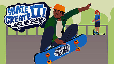 Skaters met tekst: 'Skate create it! Get on board.'