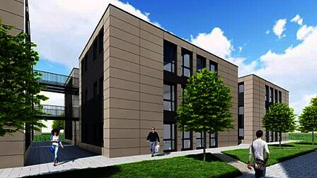Een eerste ontwerp van hoe het wooncomplex voor de huisvesting van tijdelijke werknemers eruit kan gaan zien.
