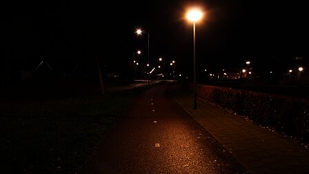 Plantagelaan in Barneveld, dit is een hoofdfietsroute en daarom verlicht. Dit fietspad ligt naast de rijbaan, binnen de bebouwde kom
