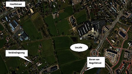 In het ovaal staat de toekomstige locatie van het wooncomplex. De locatie maakt straks onderdeel uit van een groter 'woonwerklandschap' dat wordt ingeklemd tussen de Verbindingsweg, Baron van Nagellstraat en Hoofdstraat.