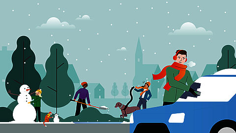 Illustratie. Straatbeeld met sneeuw en mensen die sneeuwschuiven en de autoruit krabben.